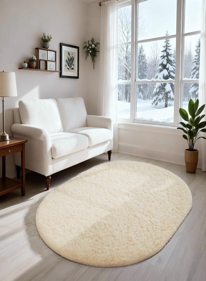 Ophanie 3x5 Oval Ivory Rugs for Bedroom Living Room, Fluffy Fuzzy Furry Carpet, Plush Soft Shaggy Bedside Indoor Floor Area Rug for Kids Girls Boys Baby Teen Dorm Nursery Home Decor Aesthetic - Image 1
