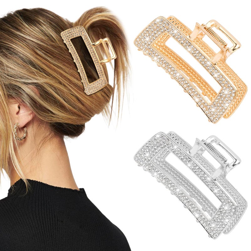 Vovii 2Pcs Square Rhinestones Claw Clips for Women, Sparkly Bling Metal Hair Clips for Thick/Thin Hair - Image 1