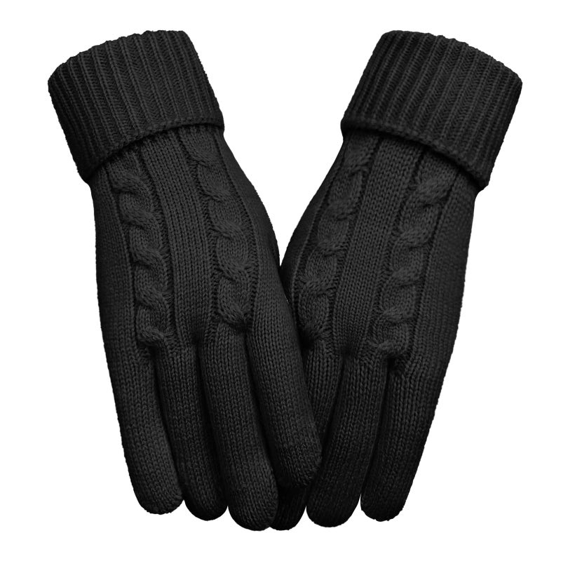 HOPSOOKEN Winter Wool Gloves for Women Warm Touchscreen Fleece Elastic Soft Knit Gloves for Cold Weather Folding Cuffs(Black) - Image 1