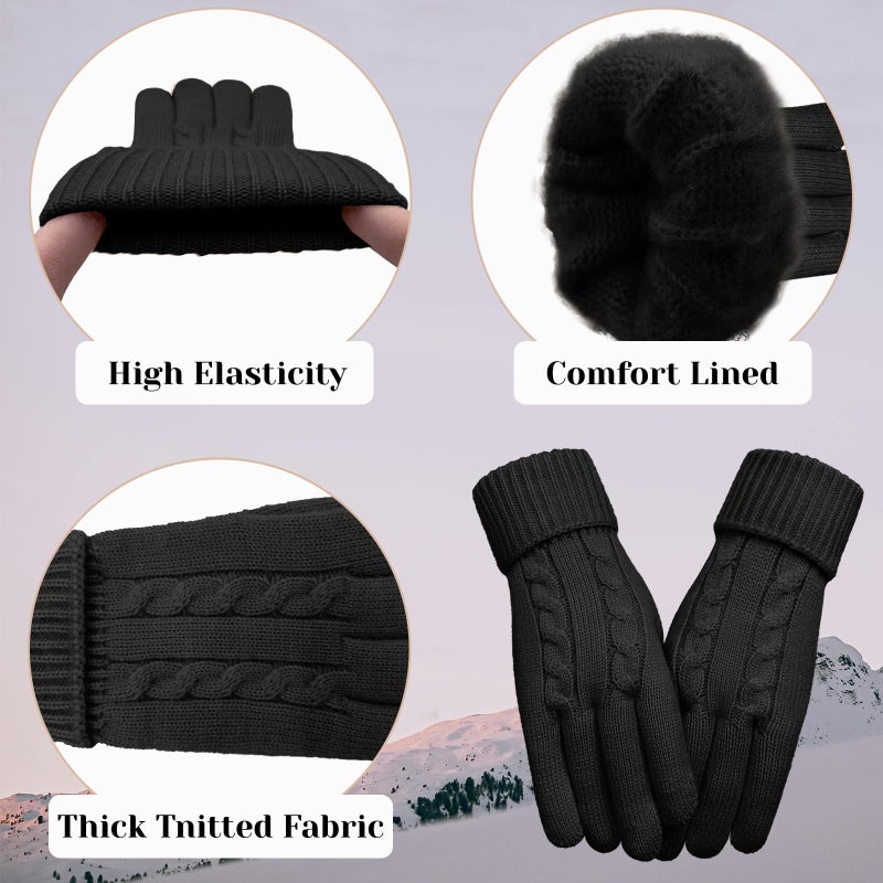HOPSOOKEN Winter Wool Gloves for Women Warm Touchscreen Fleece Elastic Soft Knit Gloves for Cold Weather Folding Cuffs(Black) - Image 4