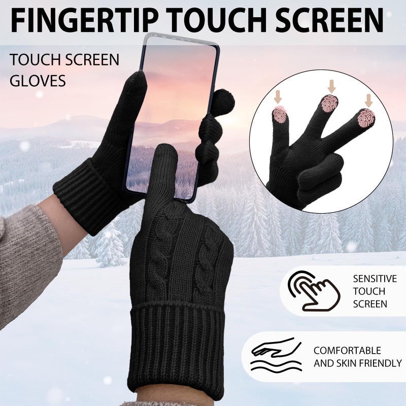 HOPSOOKEN Winter Wool Gloves for Women Warm Touchscreen Fleece Elastic Soft Knit Gloves for Cold Weather Folding Cuffs(Black) - Image 3