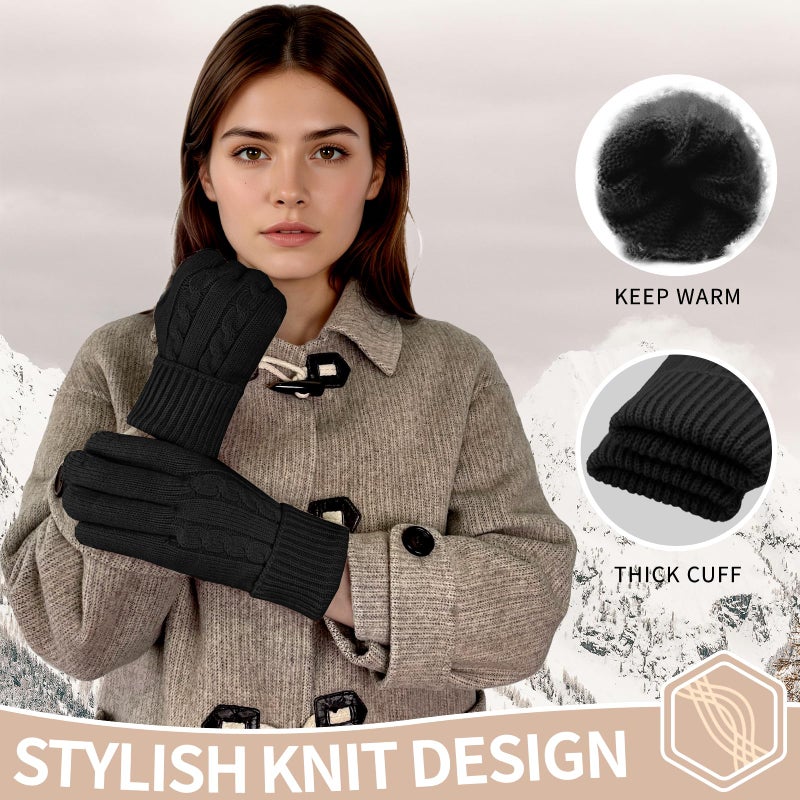 HOPSOOKEN Winter Wool Gloves for Women Warm Touchscreen Fleece Elastic Soft Knit Gloves for Cold Weather Folding Cuffs(Black) - Image 2