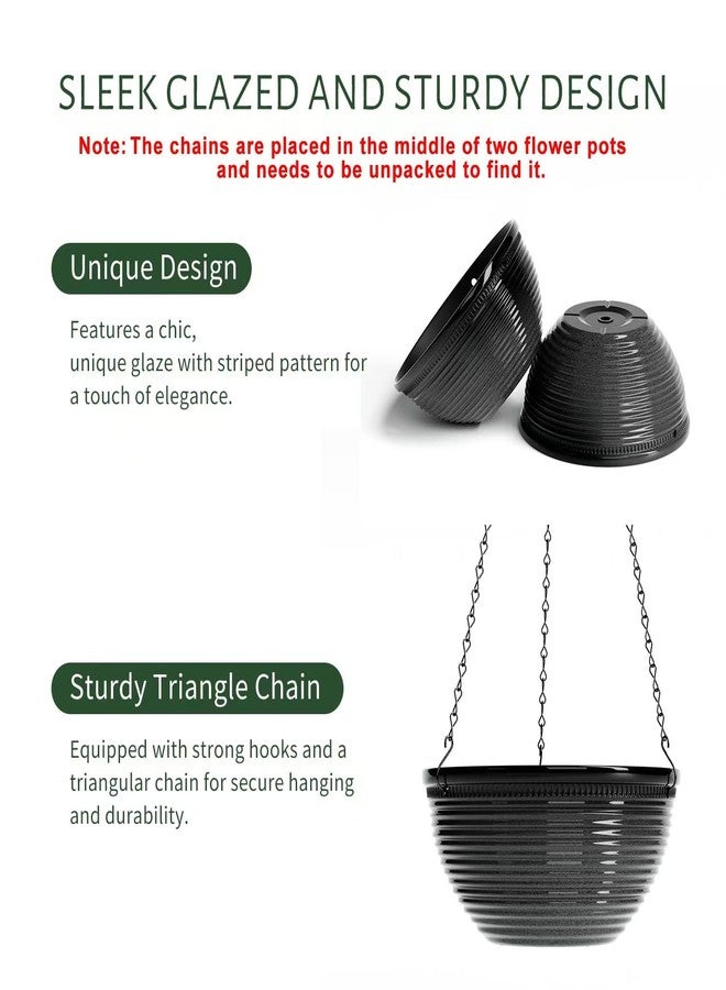 Vanslogreen 2 Pack Hanging Planters for Indoor Outdoor Plants, 10 Inch Hanging Planter with Drainage Hole & Plug Glazed Hanging Baskets Flower Pots for Garden Home (Black) - Image 2