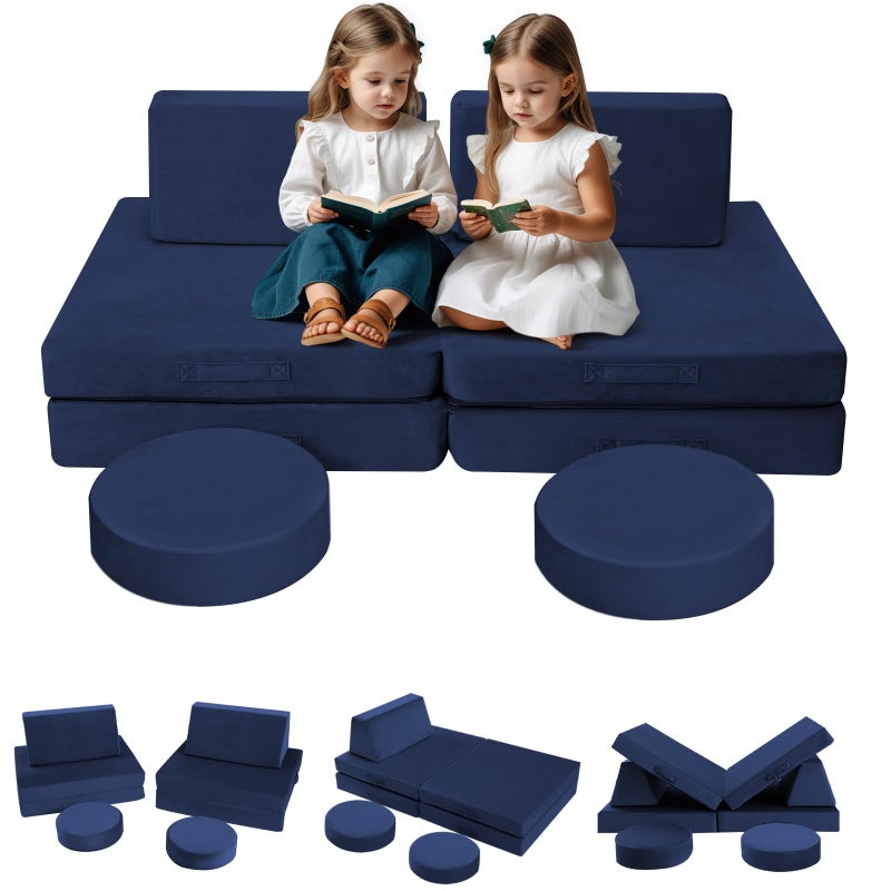 MeMoreCool Modular Kids Couch for Playroom Navy Foam Play Couch for Toddlers Building Fort Explorer Sofa