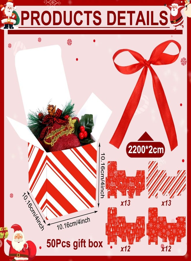 Cholemy 50 Pcs Christmas Gift Boxes with Lids Small Red 4x4x4 Christmas Candy Boxes with 3 Roll Red Ribbon Xmas Party gifts for Holiday Sweets Chocolate Cookie Treat Presents Wrapping - Image 2