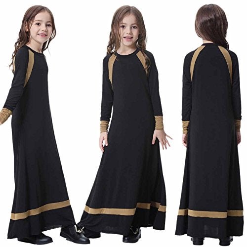 IWEMEK Girls Muslim Ramadan Abaya Kids Islamic Prayer Dress Wedding Dubai Attire Robe Middle East Arabic Kaftan Dress Saudi Arab Mosque Praying Eid Clothes Black 1011 Years - Image 3