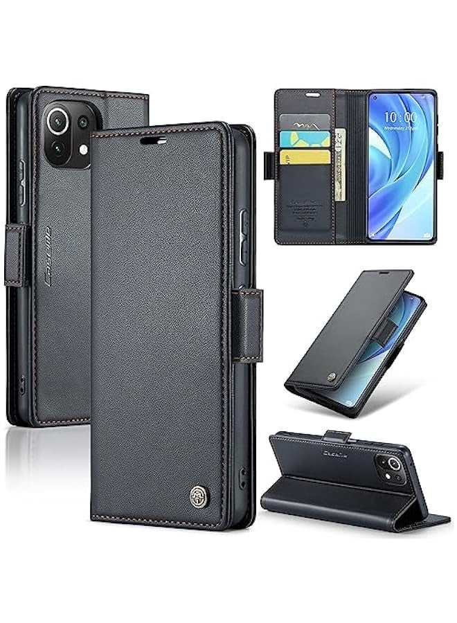 RFID Blocking Case for Xiaomi 11 Lite - Durable Leather Flip Case with Card Holder, Kickstand, Magnetic Closure - Shockproof and Stylish (Black) - Image 1