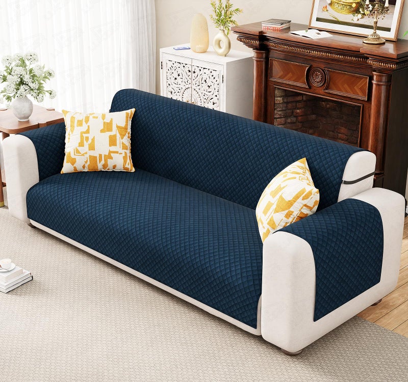 Lukzer 3 Seater Blue Indigo Quilted Velvet Sofa Mat | 200 GSM Soft Washable & Removable Couch Protector | Anti-Slip Elastic Strap Cover for Living Room, Pet & Spill Protection (170-180CM/SC-197-03) - Image 1