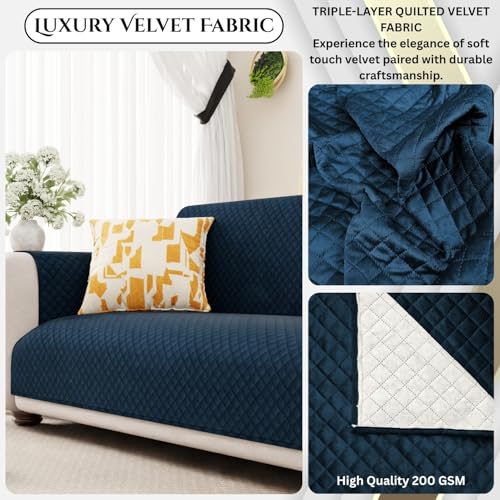 Lukzer 3 Seater Blue Indigo Quilted Velvet Sofa Mat | 200 GSM Soft Washable & Removable Couch Protector | Anti-Slip Elastic Strap Cover for Living Room, Pet & Spill Protection (170-180CM/SC-197-03) - Image 5