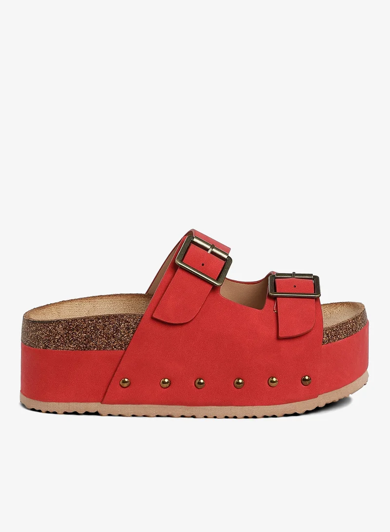Studded Faux Leather Slip Ons in Red