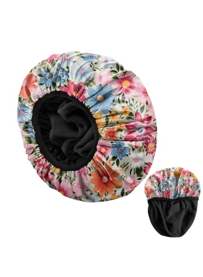 BHAHB Luxury Shower Cap Reusable Terry Cloth Lined EVA Triple Waterproof Layer Elastic Hair Bath Caps for Women Girls CuteFlowers - Image 1