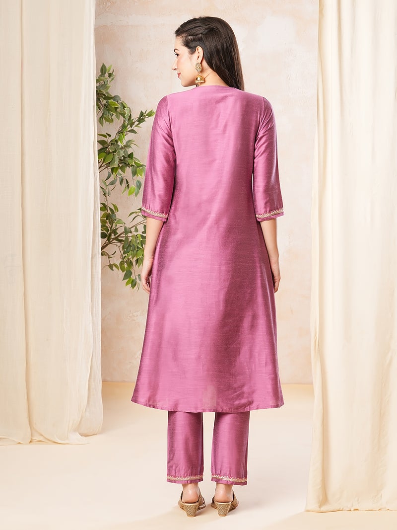 globus Globus Women Purple Printed Embroidered Yoke A-Line Kurta With Pant  - Image 3