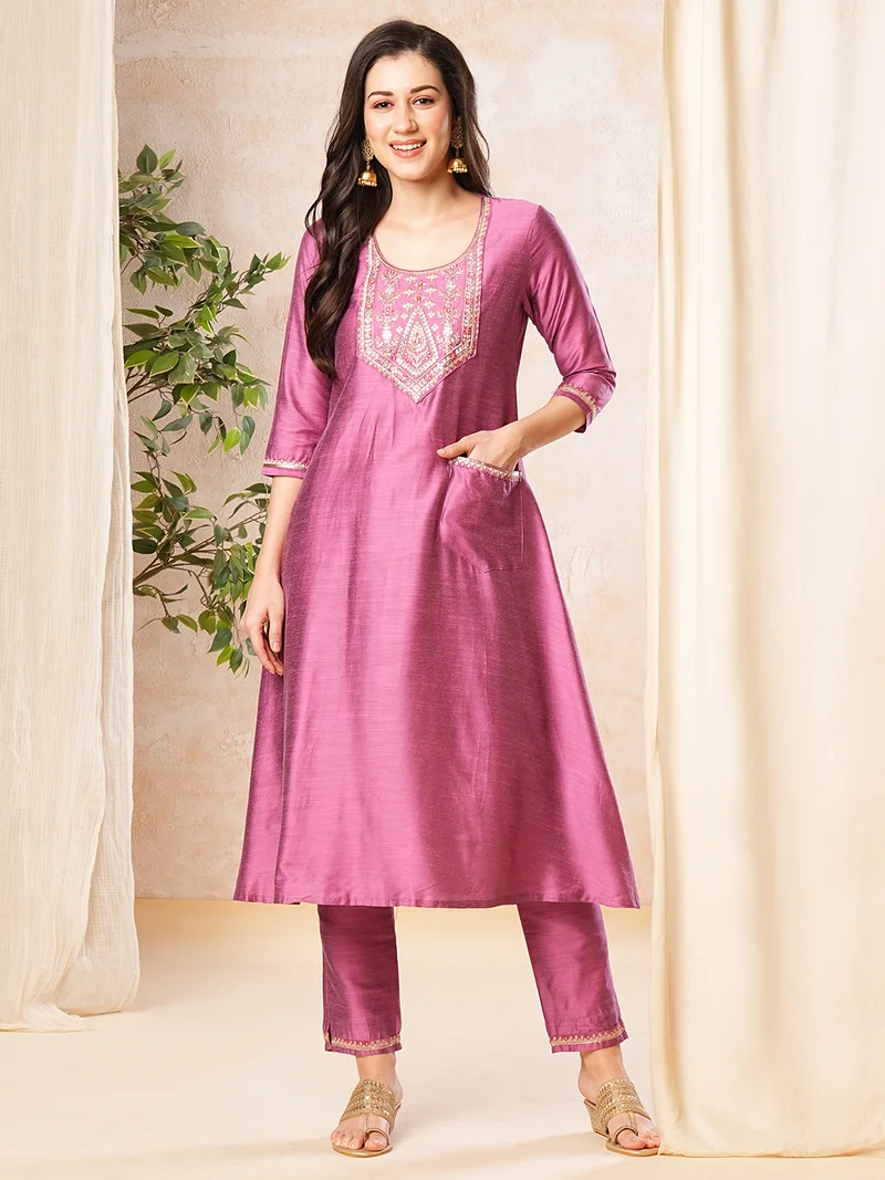 globus Globus Women Purple Printed Embroidered Yoke A-Line Kurta With Pant