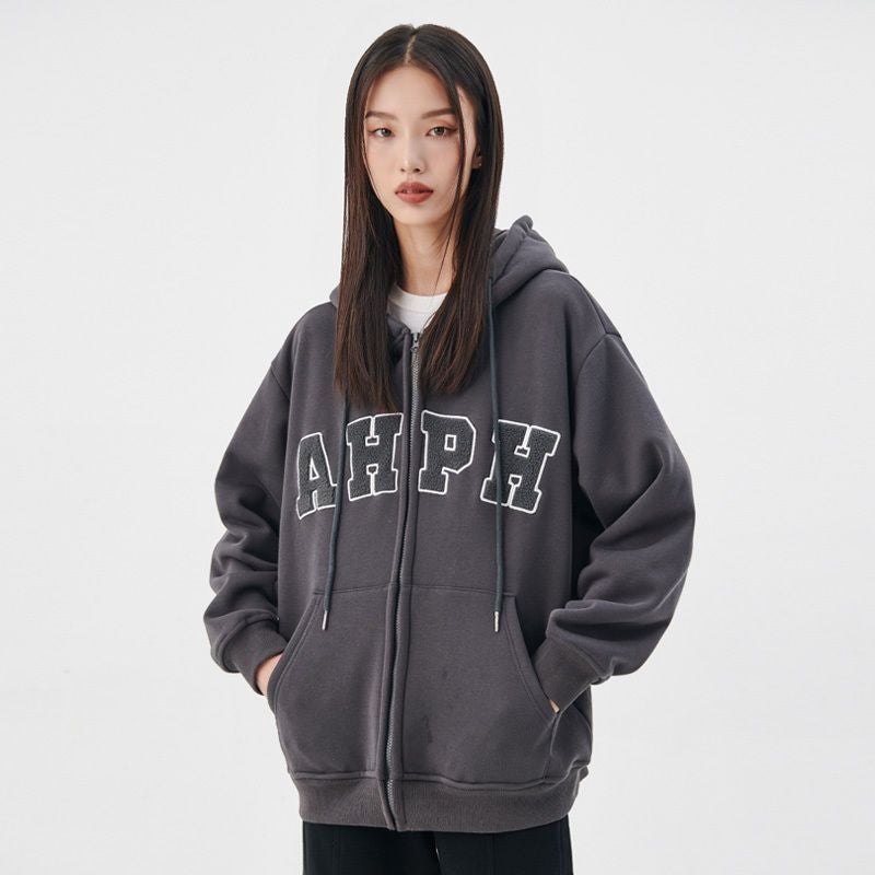 fleece-lined Thickened National Fashion Brand Autumn and Winter Couple Hip-hop Fashionable Zipper Sweatshirt Hooded Long-sleeved Jacket for Men and Women - Image 3
