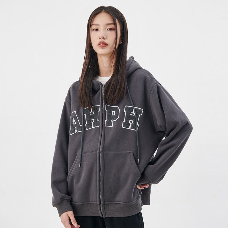 fleece-lined Thickened National Fashion Brand Autumn and Winter Couple Hip-hop Fashionable Zipper Sweatshirt Hooded Long-sleeved Jacket for Men and Women - Image 1