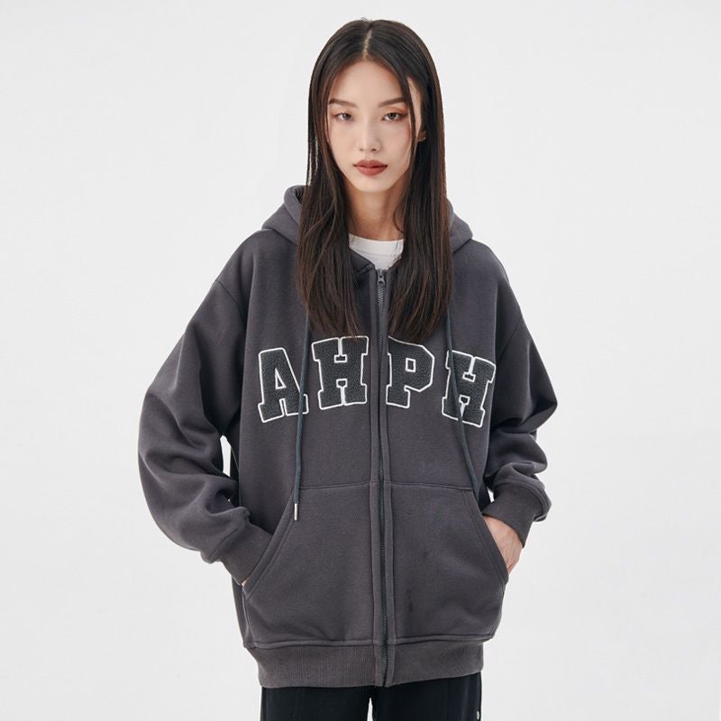 fleece-lined Thickened National Fashion Brand Autumn and Winter Couple Hip-hop Fashionable Zipper Sweatshirt Hooded Long-sleeved Jacket for Men and Women - Image 2