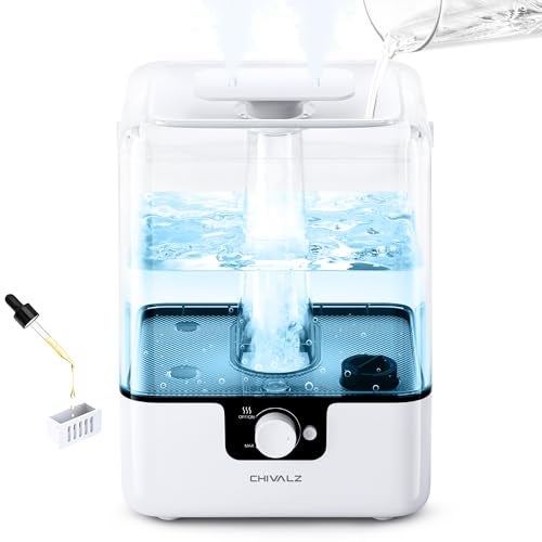 CHIVALZ 6L Humidifiers for Bedroom Large Room Home Cool Mist Top Fill Humidifiers for Baby Nursery and Plants 26dB Quiet Nightlight Up to 50 Hours Oil Diffuser 1 Pack 2 Mist Outlets White