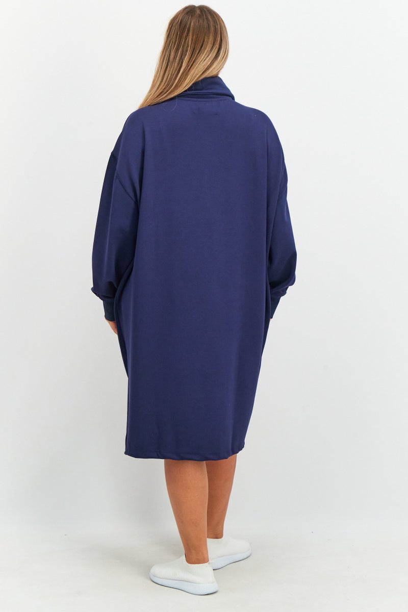 Tchibo Women Solid Zip Sweater Dress, Navy Blue - Image 3