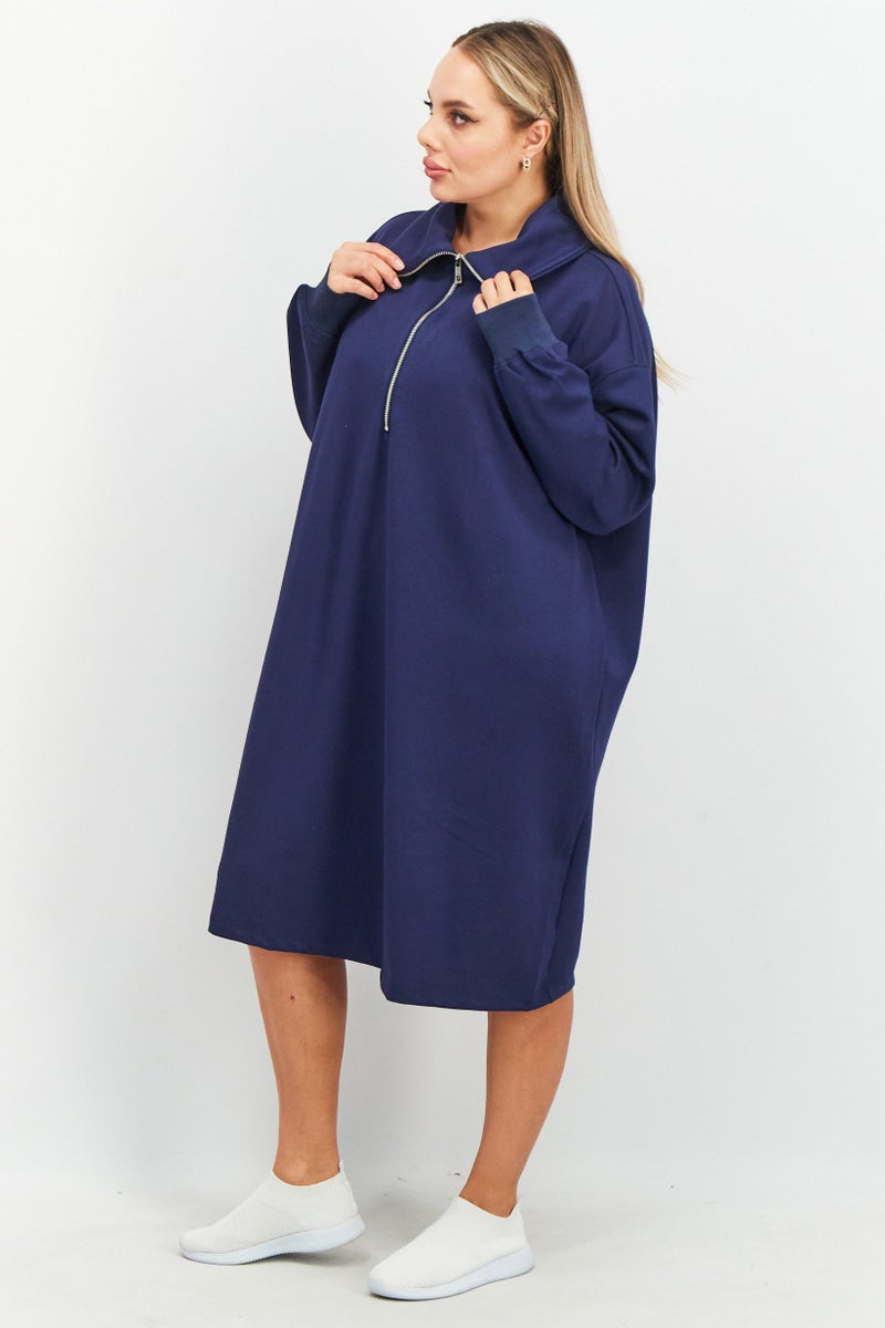 Tchibo Women Solid Zip Sweater Dress, Navy Blue - Image 2
