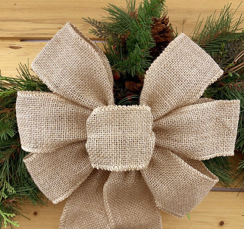 GiftWrap Etc Natural Burlap Ribbon Wreath Bow - 10" Wide, 18" Long Tails, Farmhouse, Easter, Fall, Winter, Thanksgiving, Christmas, Tree Decoration - Image 4