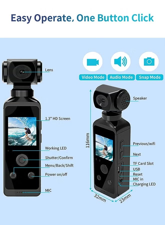 ZONBON 4K HD Camera, 270° Rotatable Large Wide Angle, Included 128G Card, 30m/98ft Underwater Camera with & Mic for Outdoor Riding Diving Shooting Vlog , 1000mAh Rechargeable - Image 4