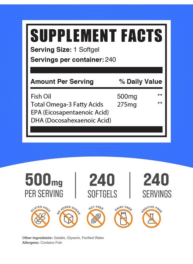 بالك سابلمنتس كبسولات زيت السمك 500 مجم من BulkSupplements.com - مكملات أوميجا 3، مكملات زيت السمك، حبوب زيت السمك - خالية من الجلوتين، كبسولة هلامية واحدة لكل وجبة، 240 كبسولة هلامية (عبوة من 1) - Image 2