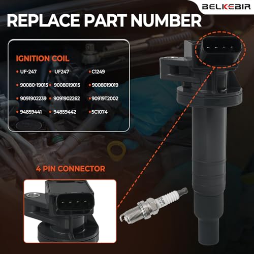 BELKEBIR 4PCS Ignition Coil Pack & Iridium Spark Plugs Compatible with 1.8L L4 1999-2008 Toyota Corolla, 2000-2005 Celica, MR2 Spyder, 2003-2008 Matrix, Pontiac Vibe, 2000-2002 Chevy Prizm Replace UF247 & 4503 - Image 3