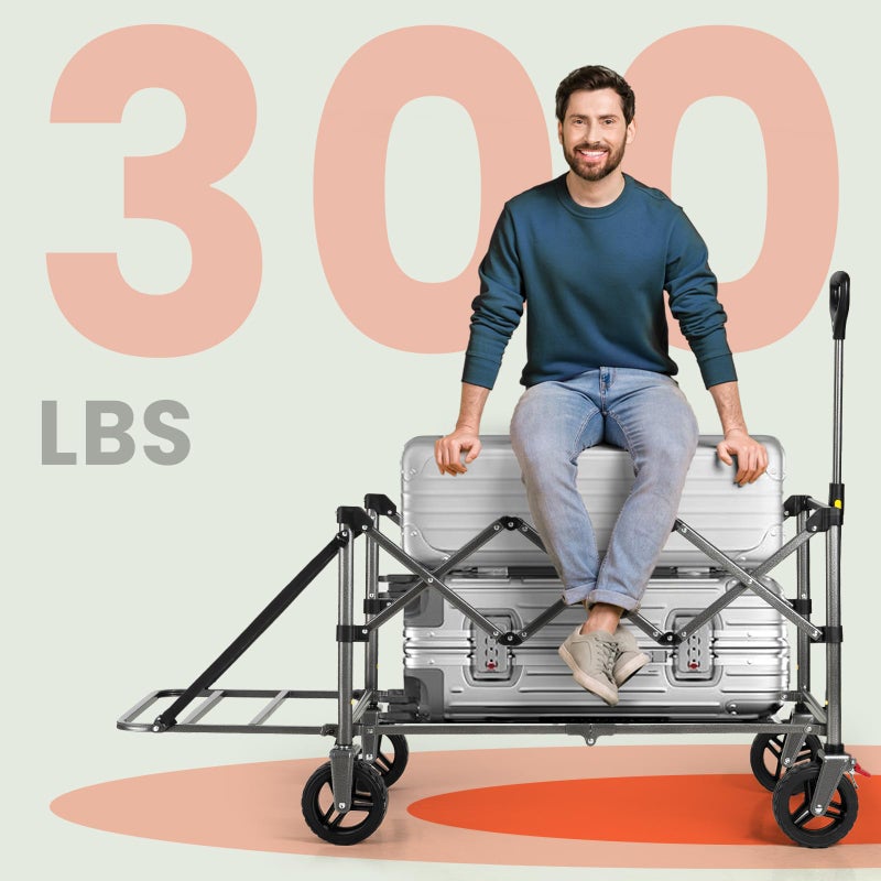 Overmont Collapsible Wagon with Tailgate - 49.2" Extended Heavy Duty Foldable Utility Wagon Folding Cart with All-Terrain Wheels for Outdoor Camping Sports Garden Beach Grocery - 300lbs Support - Image 2