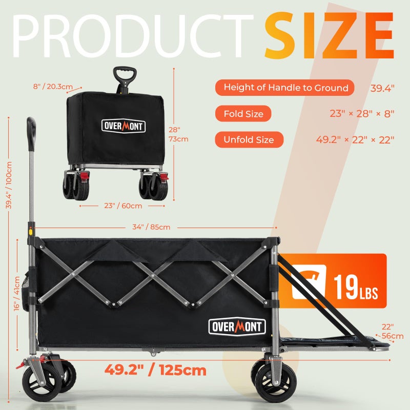Overmont Collapsible Wagon with Tailgate - 49.2" Extended Heavy Duty Foldable Utility Wagon Folding Cart with All-Terrain Wheels for Outdoor Camping Sports Garden Beach Grocery - 300lbs Support - Image 5