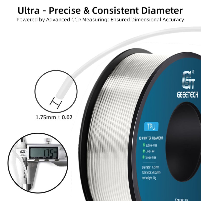 Geeetech TPU Filament 1.75mm, Shore 95A Flexible 3D Printer Filament with High Elasticity, 1KG (2.2lbs) Spool, Dimensional Accuracy Â±0.03mm, Fits Most FDM Printers (Clear/Transparent) - Image 2