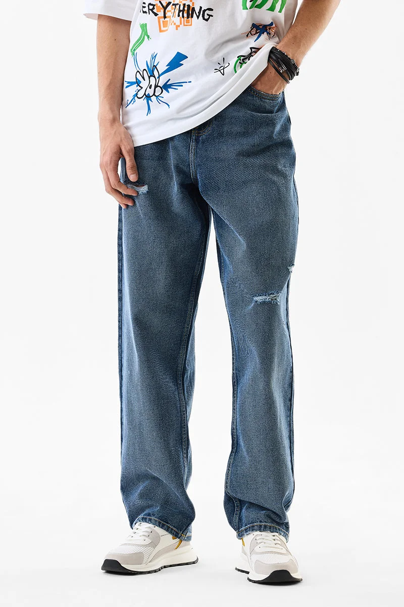 سنيتش Blue Solid Loose Fit Streetwear Jeans
