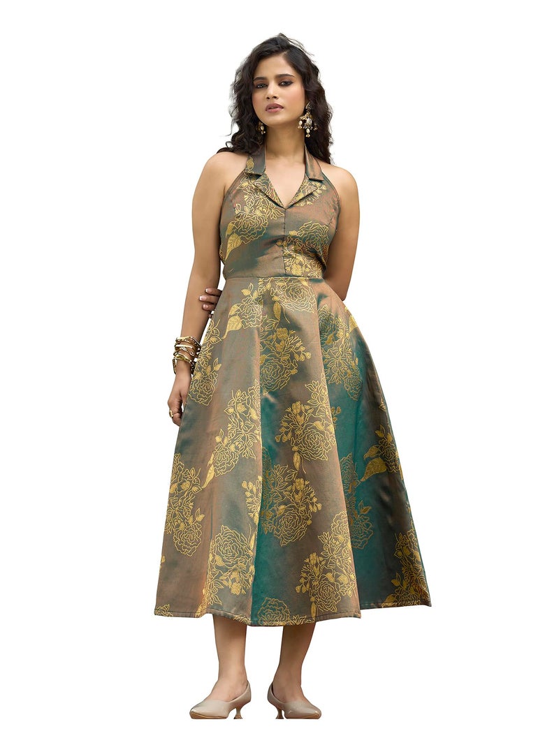 PURVAJA Women's Fit and Flared Midi Length Sleeveless Halter Neck Emblished Dress [Floe-328-Teal-S] Green - Image 5