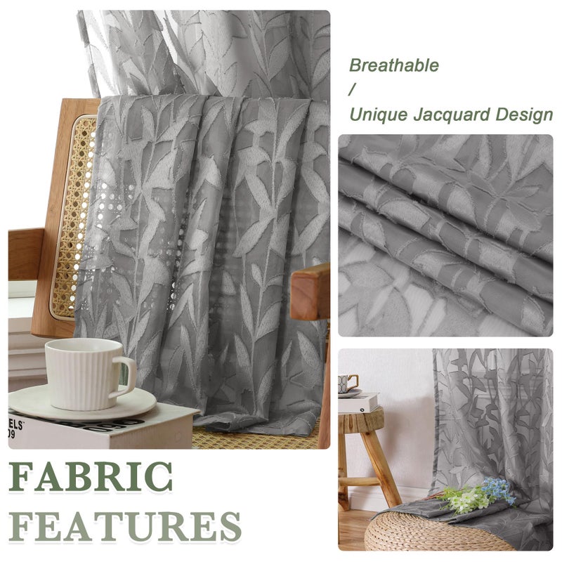 Lecloud Leia 36 Inch Charcoal Grey Sheer Curtains Tiers 2 Panels, Clip Textured Cafe/Bedroom/Living Room/Kitchen Gray Curtain for Small Window, Jacquard Leaf Drapes with Dual Rod Pockets, 38x36 Inches - Image 3