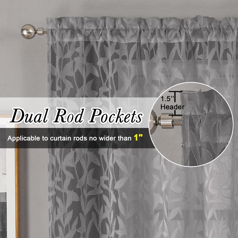 Lecloud Leia 36 Inch Charcoal Grey Sheer Curtains Tiers 2 Panels, Clip Textured Cafe/Bedroom/Living Room/Kitchen Gray Curtain for Small Window, Jacquard Leaf Drapes with Dual Rod Pockets, 38x36 Inches - Image 2