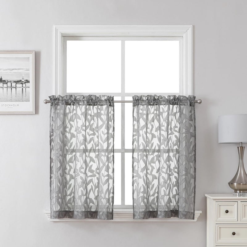 Lecloud Leia 36 Inch Charcoal Grey Sheer Curtains Tiers 2 Panels, Clip Textured Cafe/Bedroom/Living Room/Kitchen Gray Curtain for Small Window, Jacquard Leaf Drapes with Dual Rod Pockets, 38x36 Inches - Image 1