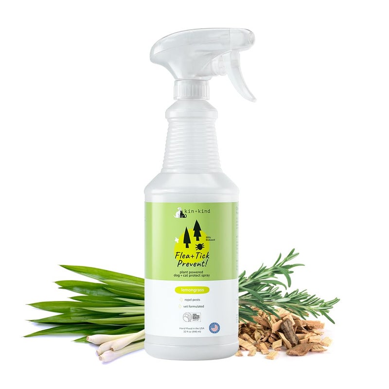kin+kind Plant Based Flea and Tick Spray for Dogs and Cats â€“ Essential Oil Formula with Lemongrass â€“ Flea and Tick Prevention for Cats, Kittens, Puppies & Dogs - Pet Supplies - Family Safe â€“ 32 fl oz - Image 1