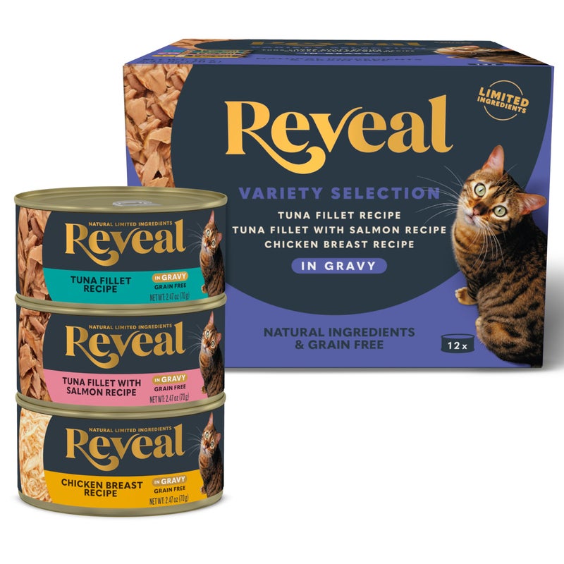 Reveal Natural Wet Canned Cat Food, Limited and Natural Ingredients, Grain Free, High Protein with No Artificial Additives, Fish and Chicken Variety in Gravy, (12 x 2.47 oz Cans) - Image 1