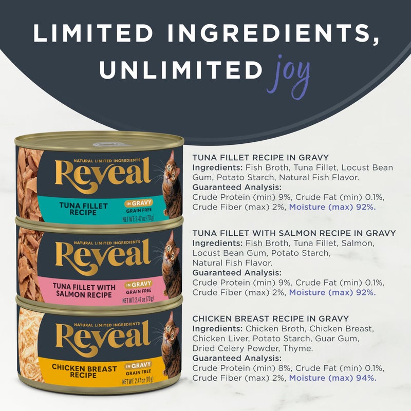 Reveal Natural Wet Canned Cat Food, Limited and Natural Ingredients, Grain Free, High Protein with No Artificial Additives, Fish and Chicken Variety in Gravy, (12 x 2.47 oz Cans) - Image 3