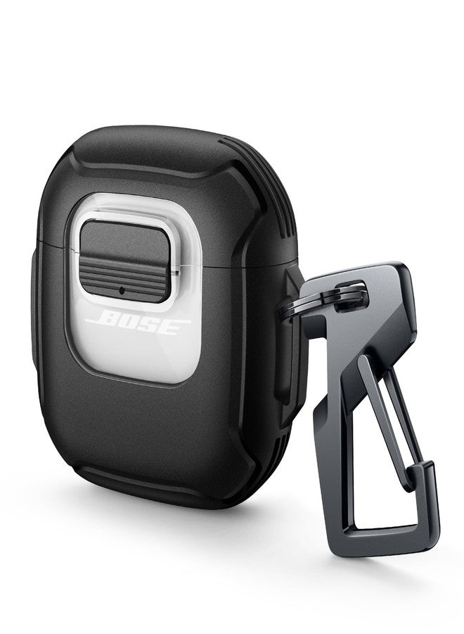 Dexnor for Bose QuietComfort Earbuds II Case (2022) & Bose QuietComfort Ultra Earbuds Case (2023), Secure Lock Clip Rugged Case Shockproof Protective Cover with Carabiner & Keyring for Men Women Black