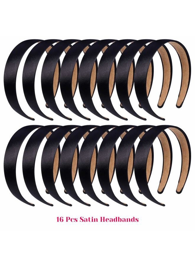 anezus 16 Pcs Satin Headbands Bulk 1 Inch Anti-slip Black Ribbon Hair Bands Plain Hard Headbands for Women Girls DIY Craft Hair Accessories (Black)  - Image 2