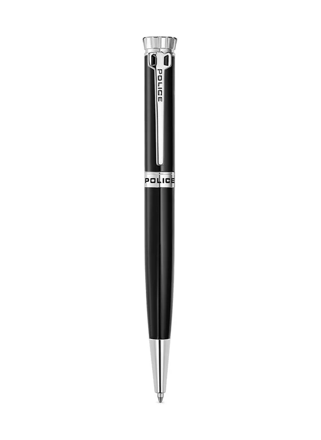 POLICE Monogrammed P Logo Crown Faceted Cap Black Finish Stainless Steel Pen