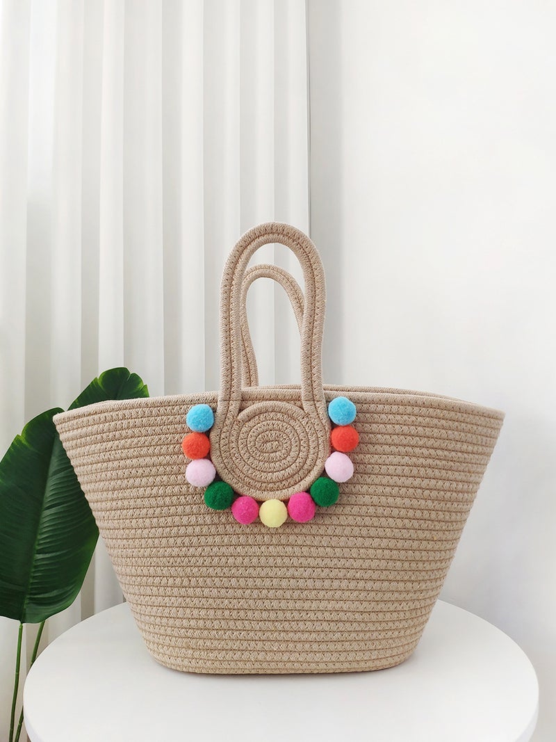 New Ins Style Handmade Straw Bag Travel Beach Cotton Rope Woven Large Capacity Tote Fur Ball Women'S Bag - Image 2