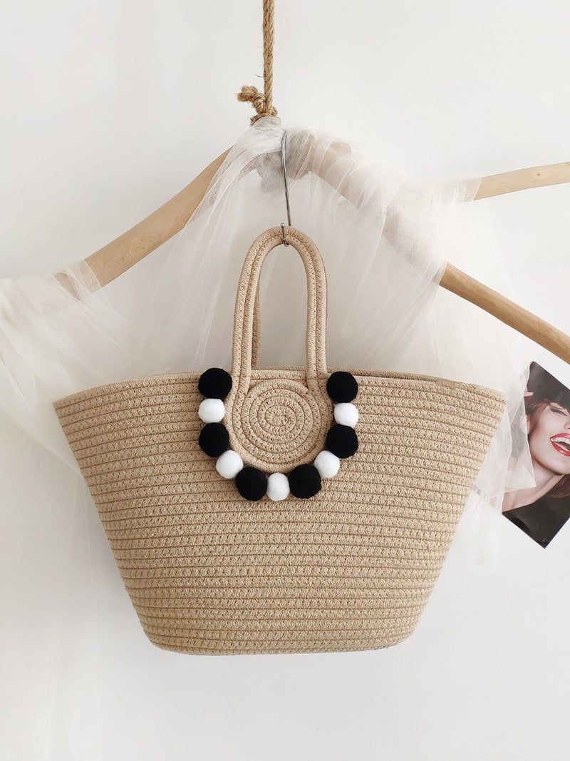 New Ins Style Handmade Straw Bag Travel Beach Cotton Rope Woven Large Capacity Tote Fur Ball Women'S Bag - Image 3