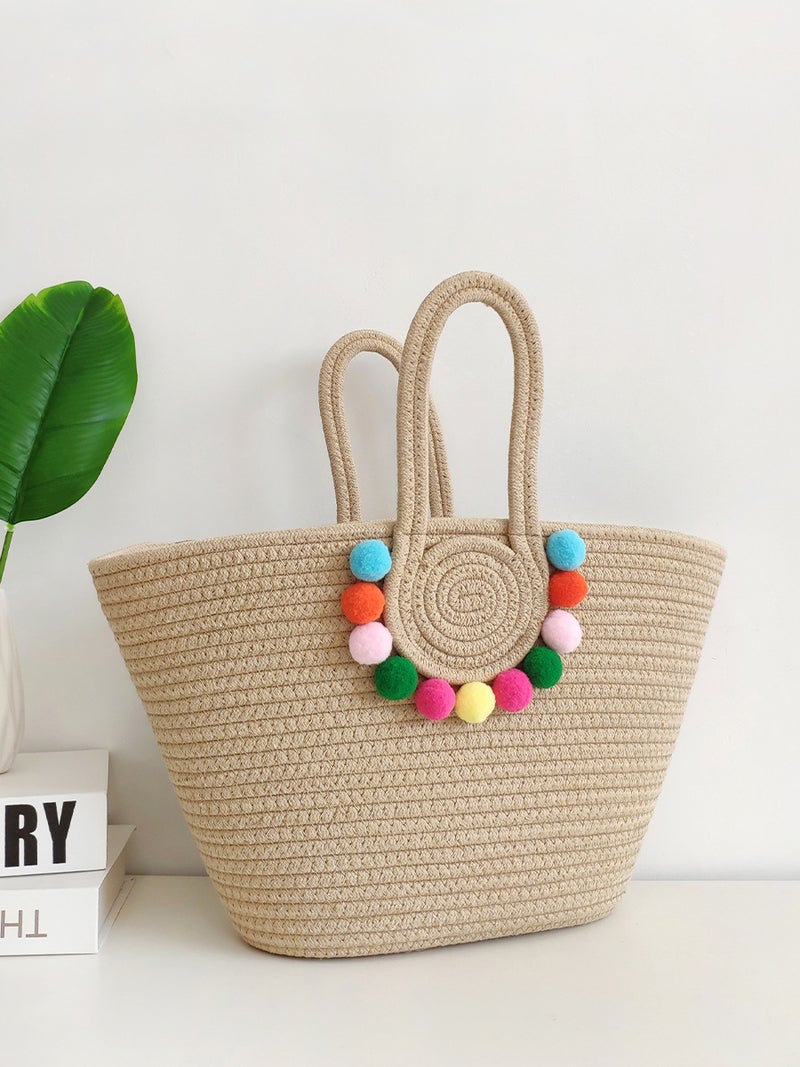 New Ins Style Handmade Straw Bag Travel Beach Cotton Rope Woven Large Capacity Tote Fur Ball Women'S Bag - Image 4