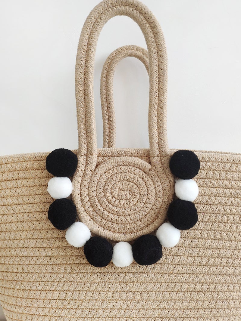 New Ins Style Handmade Straw Bag Travel Beach Cotton Rope Woven Large Capacity Tote Fur Ball Women'S Bag - Image 5
