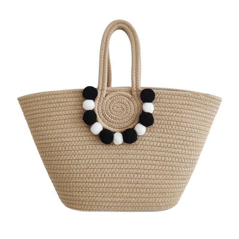 New Ins Style Handmade Straw Bag Travel Beach Cotton Rope Woven Large Capacity Tote Fur Ball Women'S Bag - Image 1