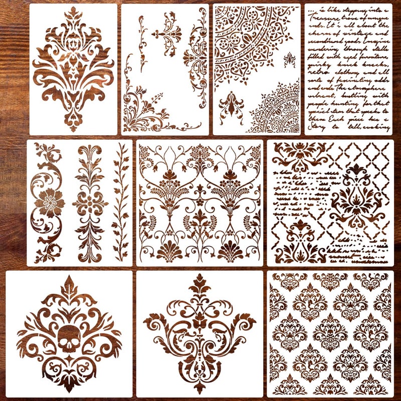 SUNVERSE Damask Stencils for Walls 12inch Corner Border Stencil Large Texture Stencils Mixed Medium Layering Templates for Painting on Walls Furniture Canvas Fabric - Image 1