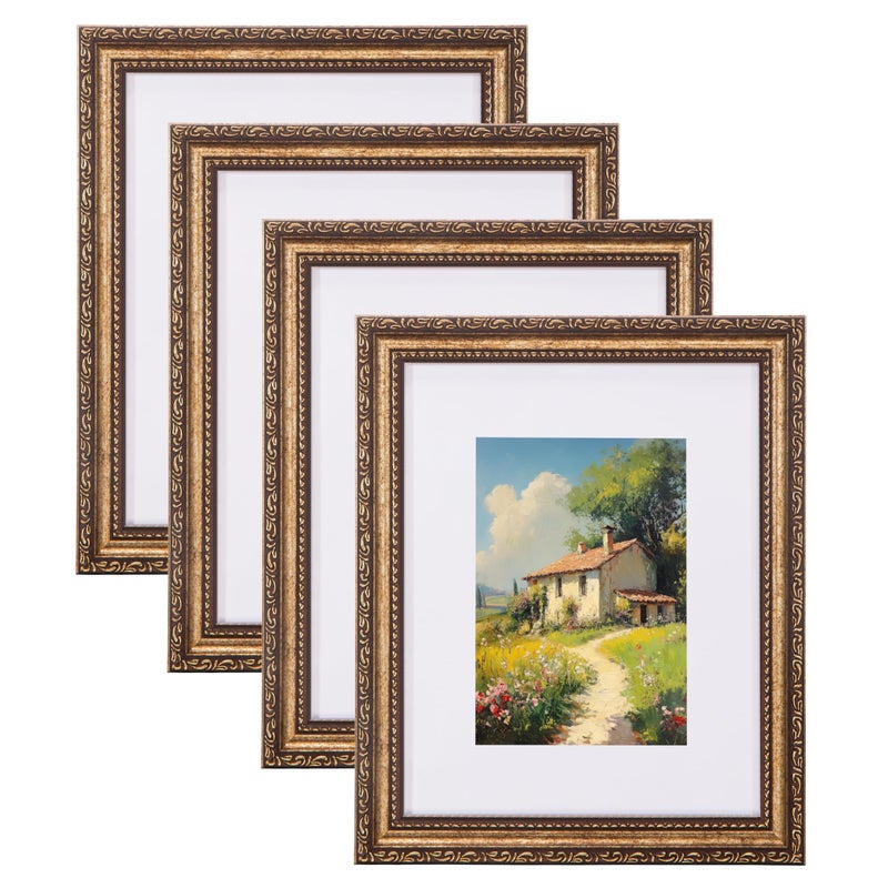 eletecpro 8x10 Picture Frames Set of 4, Gold Frame with Glass Cover, Vintage 8 x 10 Photo Frames Display 5x7 Photo with Mat or 8x10 without Mat for Tabletop or Wall Decor, Bronze Gold - Image 1