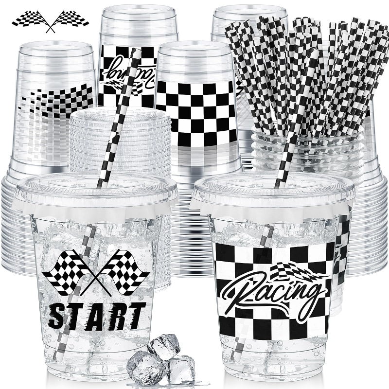FoldTier 50 Pcs Checkered Racing Party Plastic Cups 12 oz White Black Checkered Flag Clear Cups with Straws and Lids Disposable Drink Cup for Race Car Sport Theme Birthday Party Supplies Baby Shower - Image 1