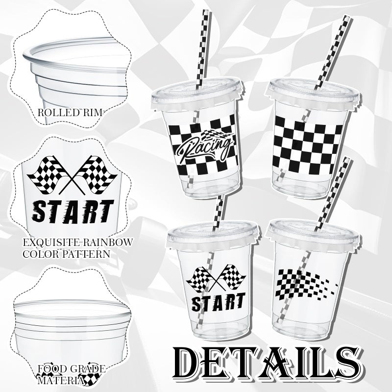 FoldTier 50 Pcs Checkered Racing Party Plastic Cups 12 oz White Black Checkered Flag Clear Cups with Straws and Lids Disposable Drink Cup for Race Car Sport Theme Birthday Party Supplies Baby Shower - Image 4